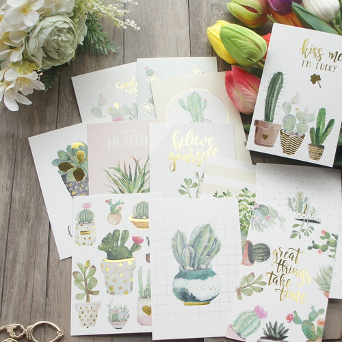 9.3*14.3cm 12pcs Gold Watercolor Cactus Green Leaves Potted Plant Design Card Gift Greeting Cards Gift Card Party Invitation